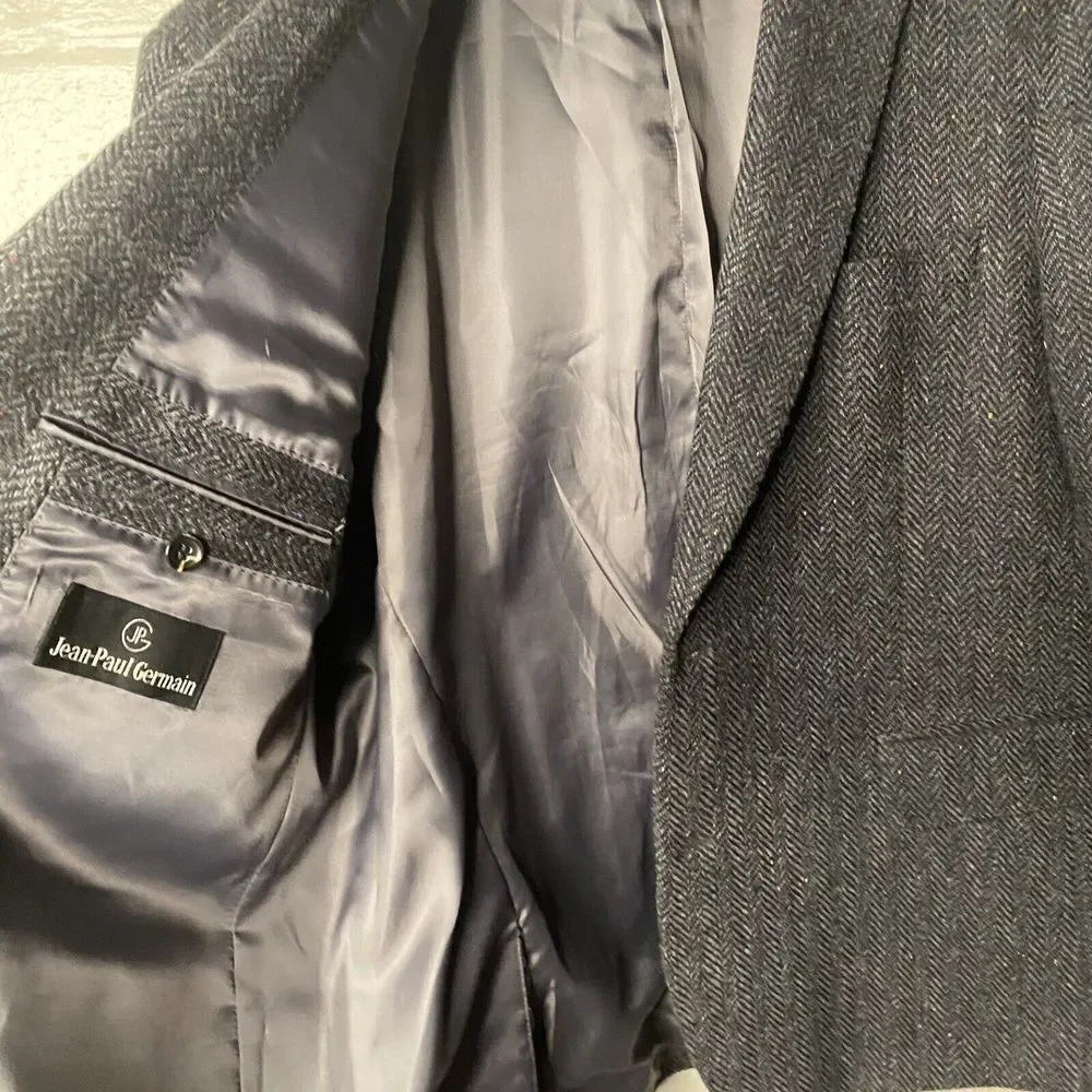 JEAN PAUL GERMAIN Mens Black Gray Wool Tweed Sport Coat Blazer JACKET Size 44 R